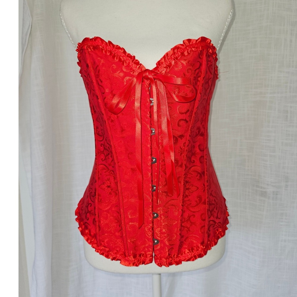 Corset Top Women Large Red Damask Jacquard Steampunk Victorian Ruffle Bustier